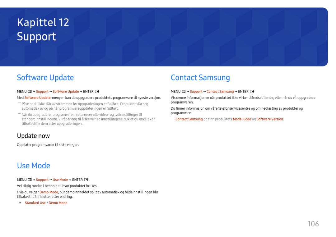 Samsung LH49RMHELGW/EN manual Support, Software Update, Use Mode, Contact Samsung, 106 