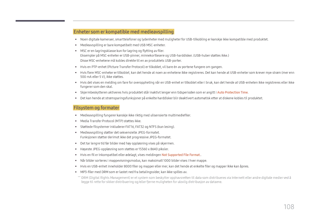 Samsung LH49RMHELGW/EN manual 108, Enheter som er kompatible med medieavspilling, Filsystem og formater 