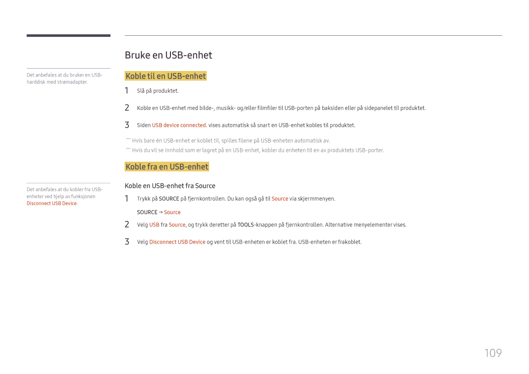 Samsung LH49RMHELGW/EN manual 109, Bruke en USB-enhet, Koble til en USB-enhet, Koble fra en USB-enhet 