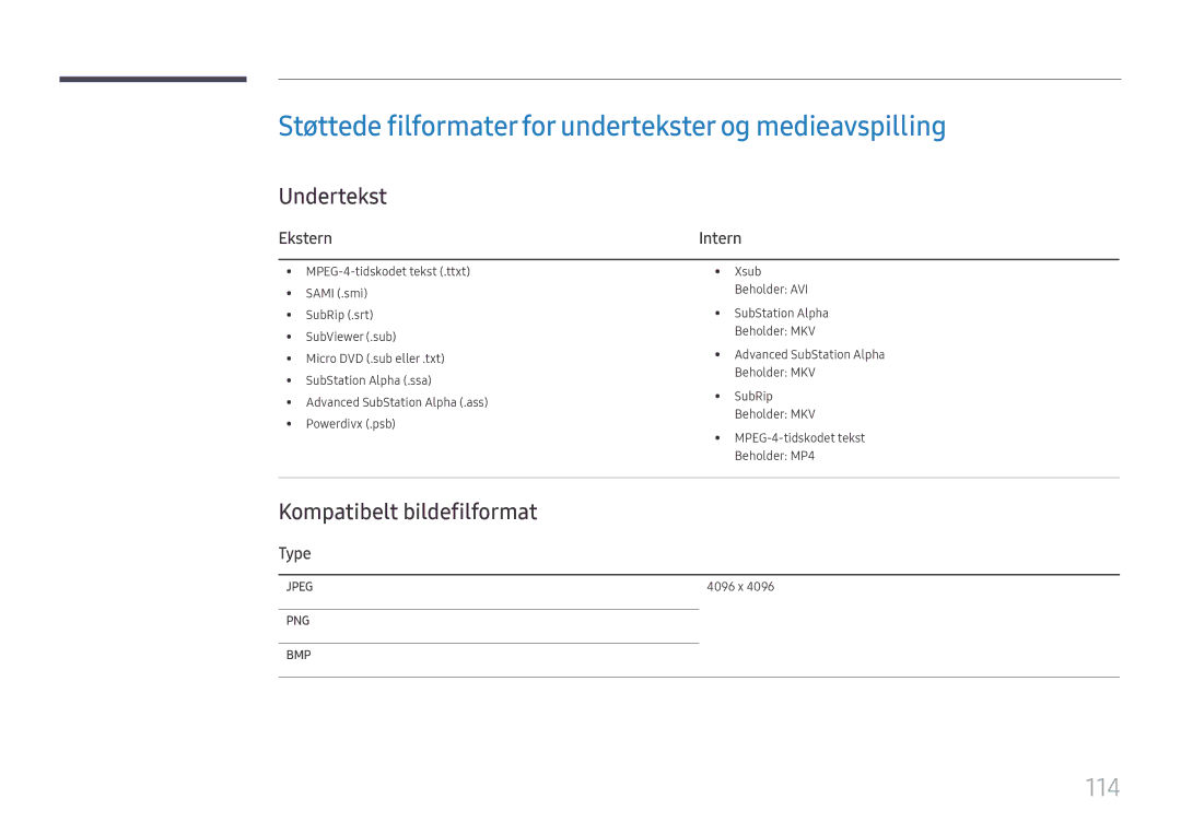 Samsung LH49RMHELGW/EN manual Støttede filformater for undertekster og medieavspilling, 114, Undertekst 