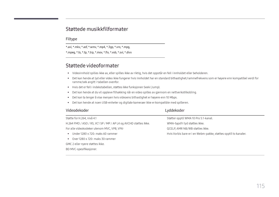 Samsung LH49RMHELGW/EN manual 115, Støttede musikkfilformater, Støttede videoformater, Filtype, Videodekoder 