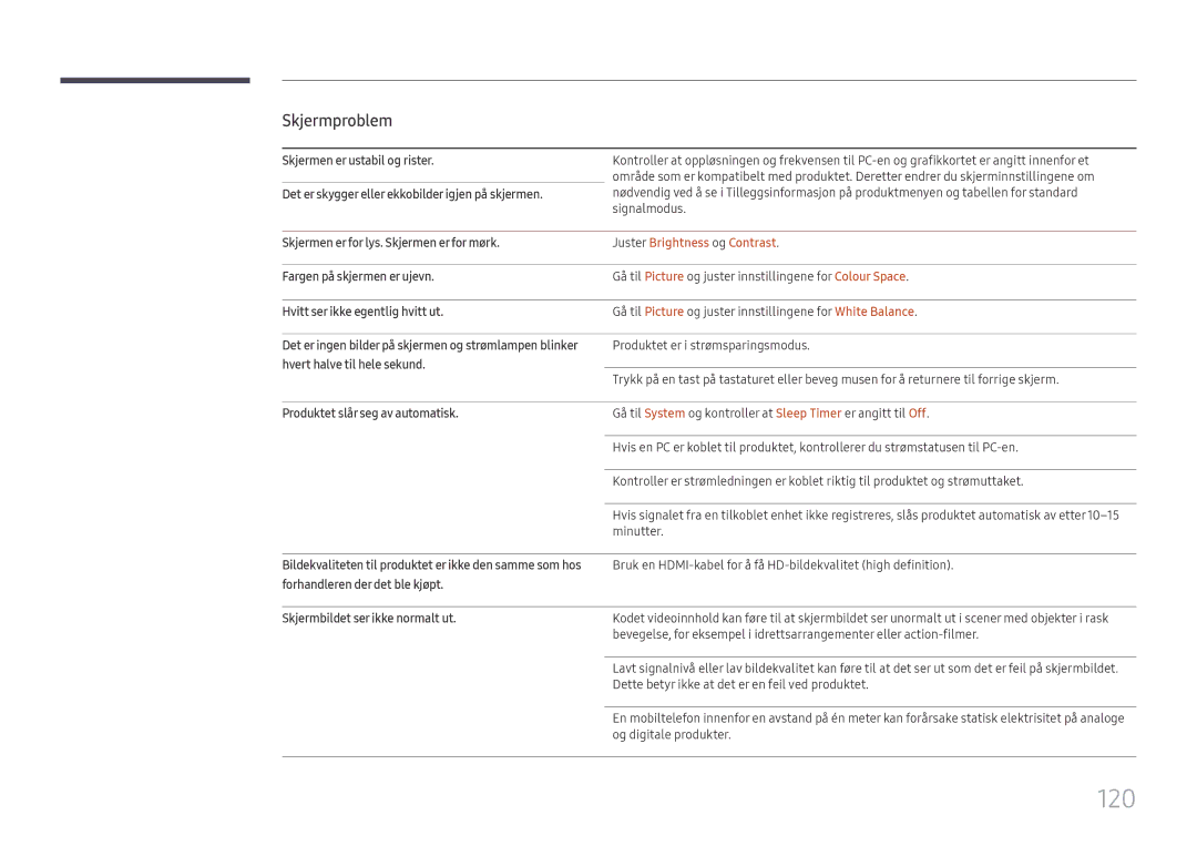 Samsung LH49RMHELGW/EN manual 120, Juster Brightness og Contrast 