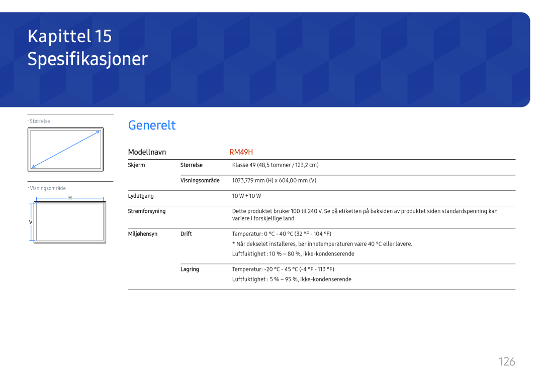 Samsung LH49RMHELGW/EN manual Spesifikasjoner, 126 