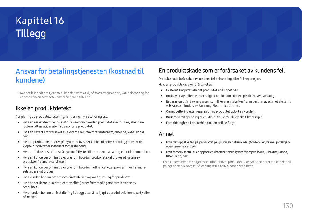 Samsung LH49RMHELGW/EN manual Tillegg, Ansvar for betalingstjenesten kostnad til kundene, 130 