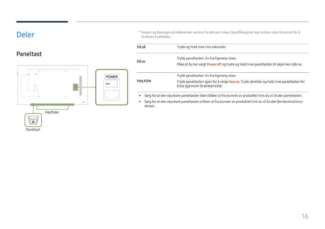 Samsung LH49RMHELGW/EN manual Deler, Paneltast, Slå på, Slå av 