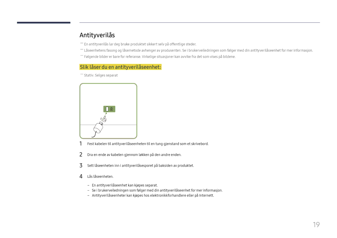 Samsung LH49RMHELGW/EN manual Antityverilås, Slik låser du en antityverilåseenhet 