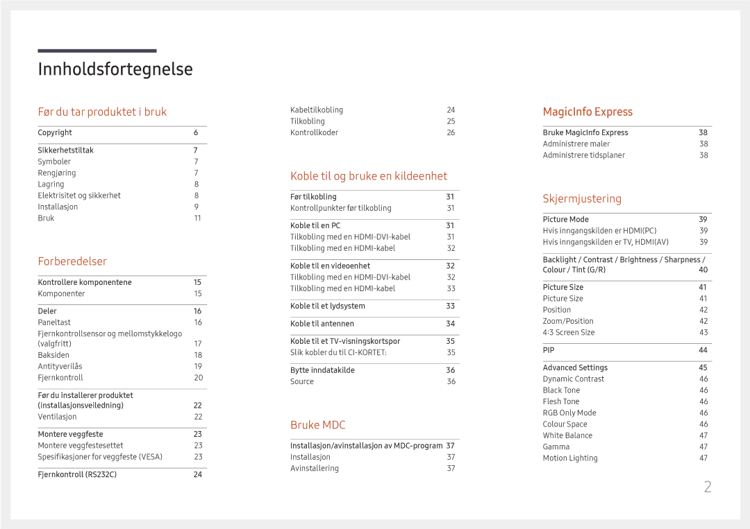 Samsung LH49RMHELGW/EN manual Innholdsfortegnelse 