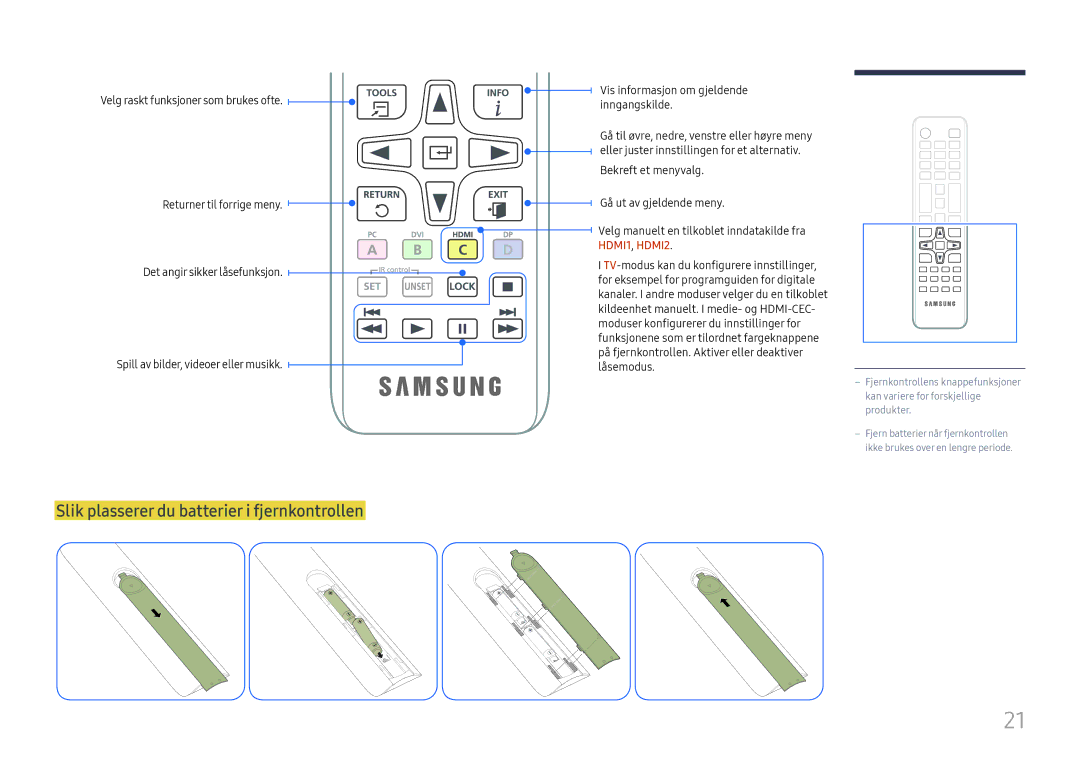 Samsung LH49RMHELGW/EN manual Slik plasserer du batterier i fjernkontrollen 