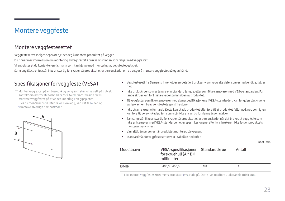 Samsung LH49RMHELGW/EN manual Montere veggfestesettet, Spesifikasjoner for veggfeste Vesa, Modellnavn 