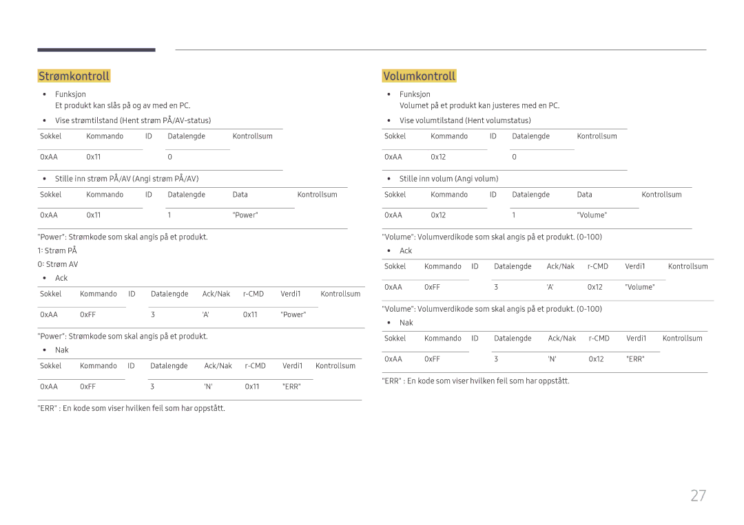 Samsung LH49RMHELGW/EN manual Strømkontroll, Volumkontroll 