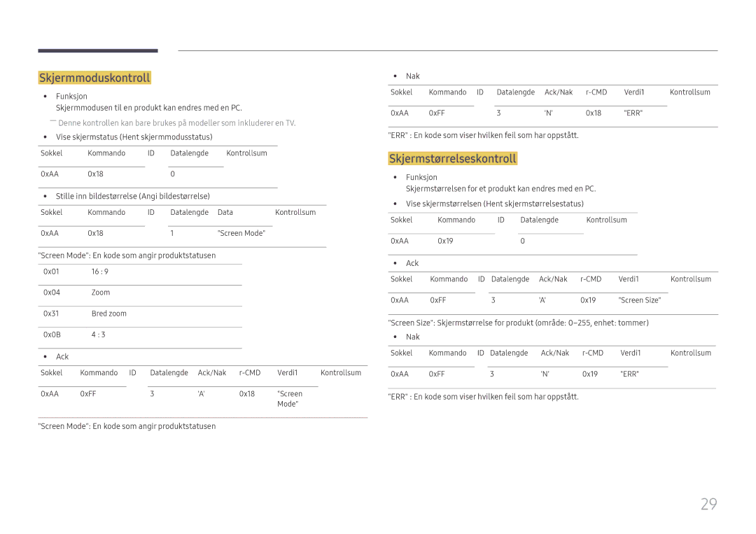 Samsung LH49RMHELGW/EN manual Skjermmoduskontroll, Skjermstørrelseskontroll 