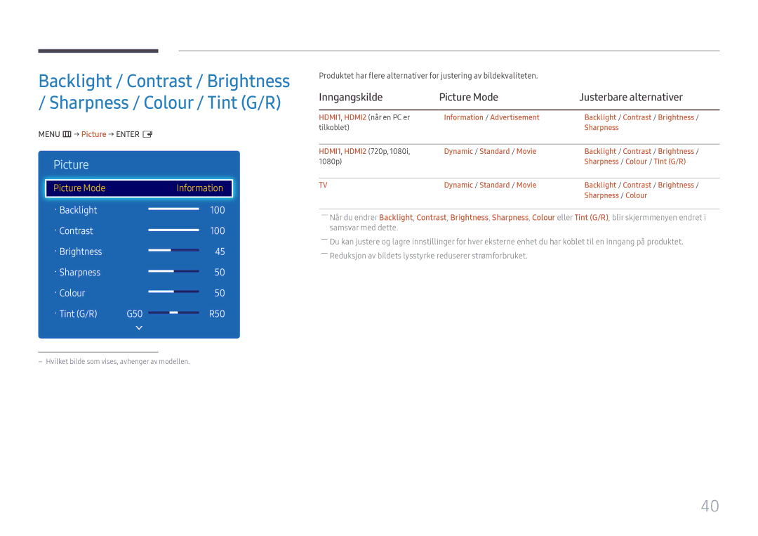 Samsung LH49RMHELGW/EN manual Inngangskilde Picture Mode Justerbare alternativer, Menu m → Picture → Enter E 