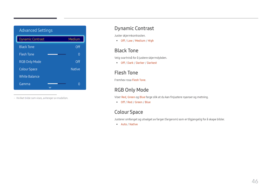 Samsung LH49RMHELGW/EN manual Dynamic Contrast, Black Tone, Flesh Tone, RGB Only Mode, Colour Space 