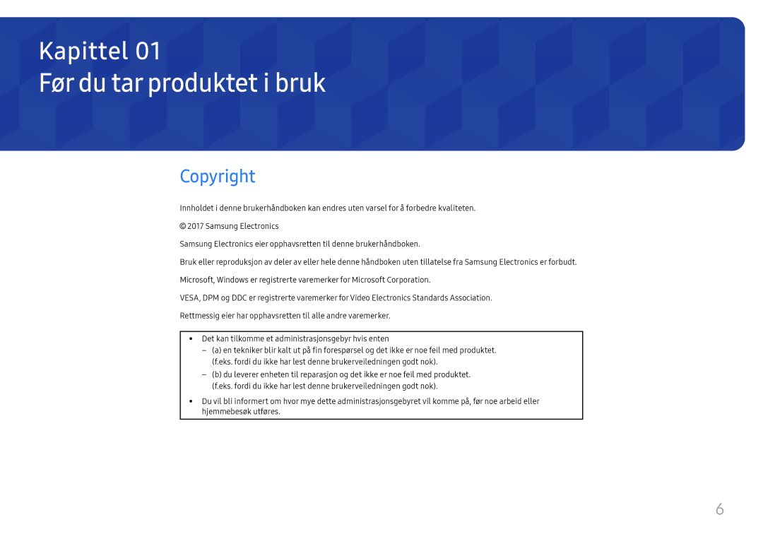 Samsung LH49RMHELGW/EN manual Før du tar produktet i bruk, Copyright 