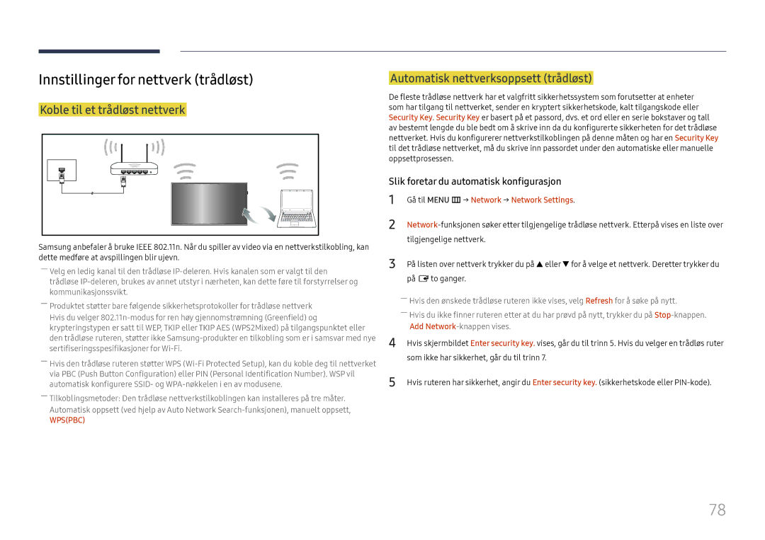 Samsung LH49RMHELGW/EN manual Innstillinger for nettverk trådløst, Koble til et trådløst nettverk 