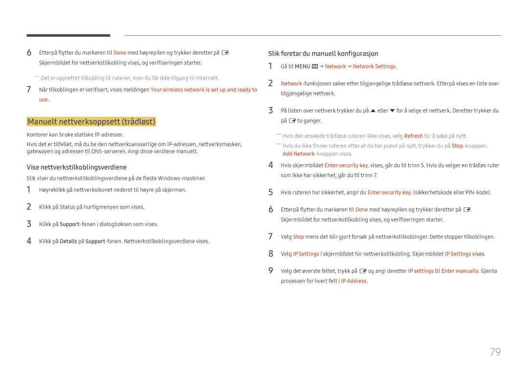 Samsung LH49RMHELGW/EN manual Manuelt nettverksoppsett trådløst, Kontorer kan bruke statiske IP-adresser 