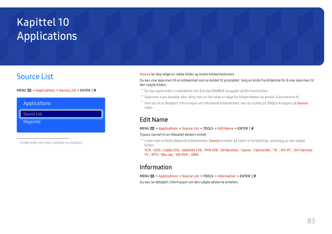 Samsung LH49RMHELGW/EN manual Applications, Source List, Edit Name, Information 