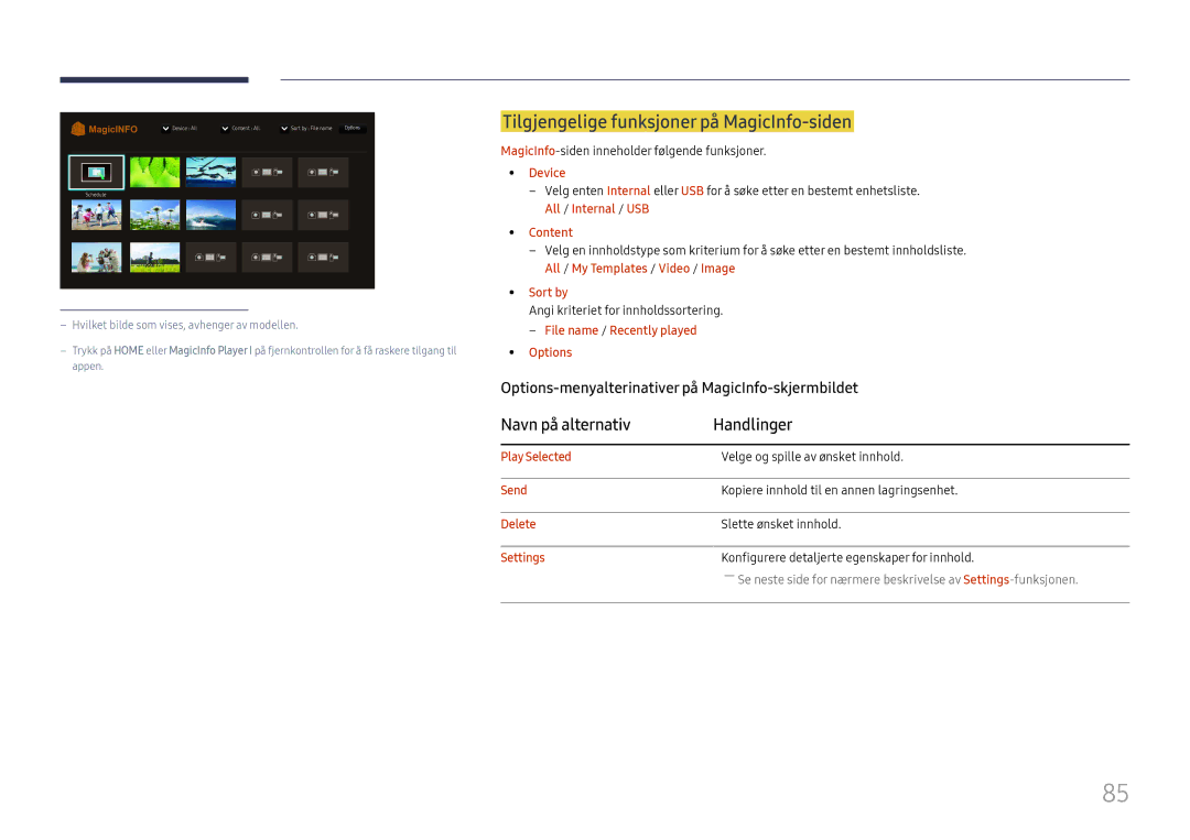 Samsung LH49RMHELGW/EN manual Tilgjengelige funksjoner på MagicInfo-siden, Navn på alternativ Handlinger 