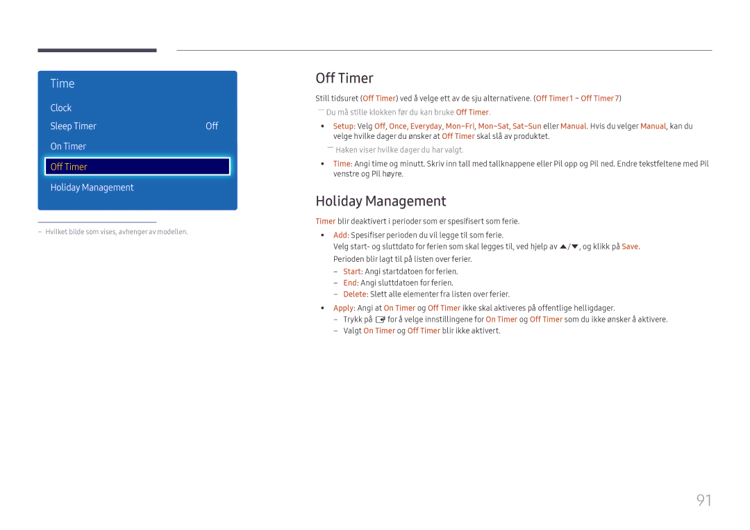 Samsung LH49RMHELGW/EN manual Off Timer, Holiday Management, Clock Sleep Timer Off On Timer 