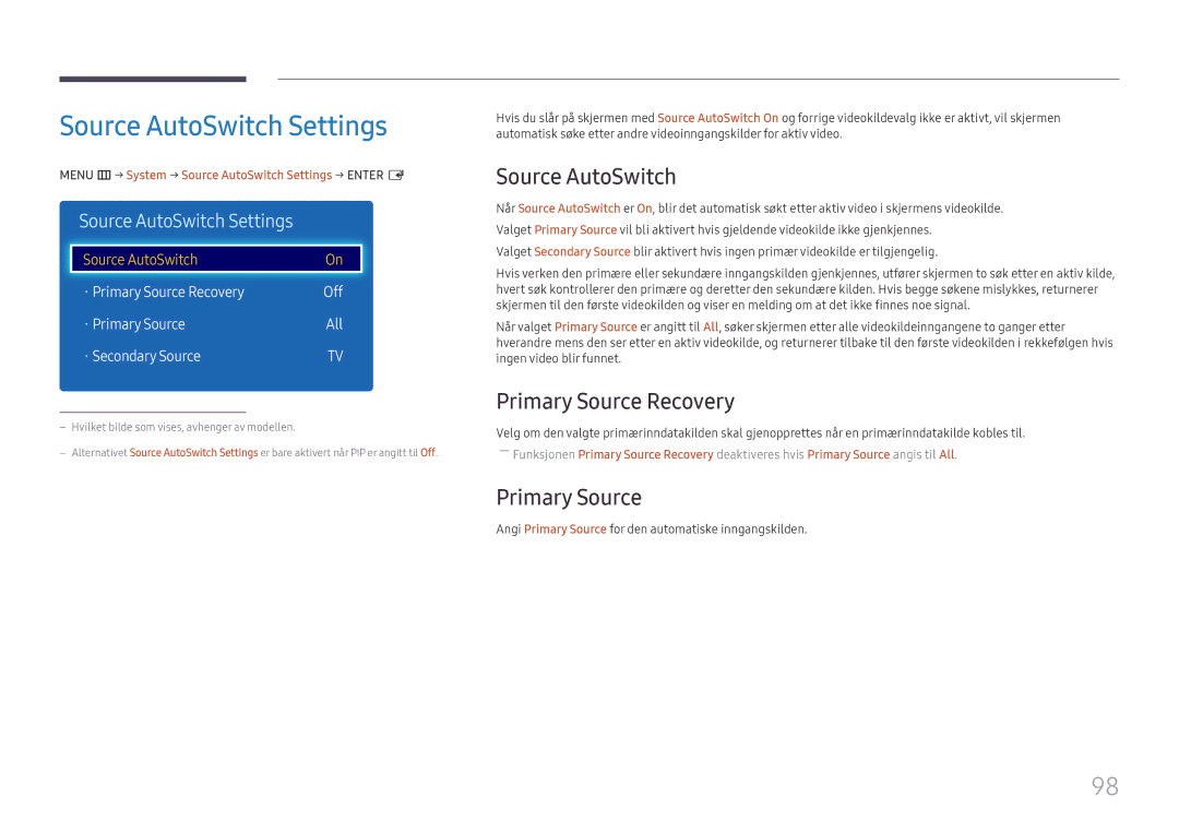 Samsung LH49RMHELGW/EN manual Source AutoSwitch Settings, Primary Source Recovery 