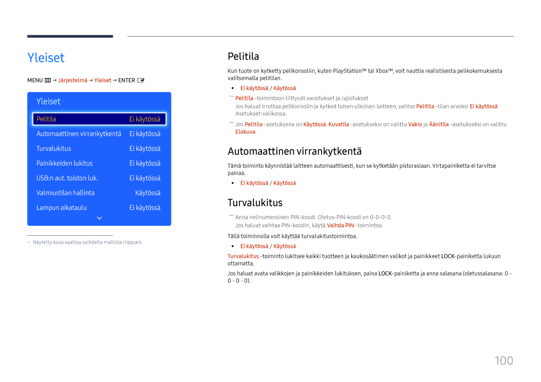 Samsung LH49RMHELGW/EN manual Yleiset, 100, Pelitila, Automaattinen virrankytkentä, Turvalukitus 