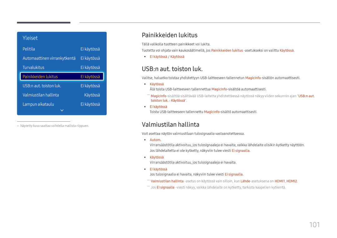 Samsung LH49RMHELGW/EN manual 101, Painikkeiden lukitus, USBn aut. toiston luk, Valmiustilan hallinta, Pelitila 