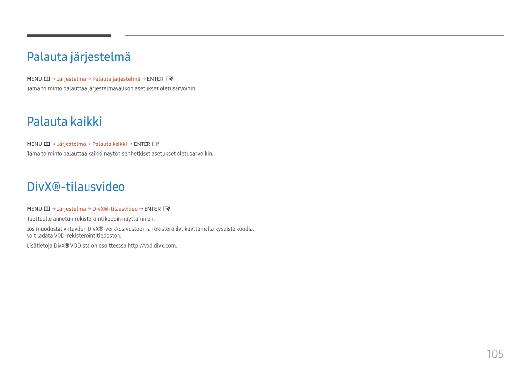 Samsung LH49RMHELGW/EN manual Palauta järjestelmä, Palauta kaikki, DivX-tilausvideo, 105 