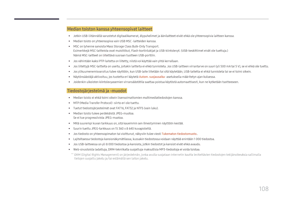 Samsung LH49RMHELGW/EN manual 108, Median toiston kanssa yhteensopivat laitteet, Tiedostojärjestelmä ja -muodot 