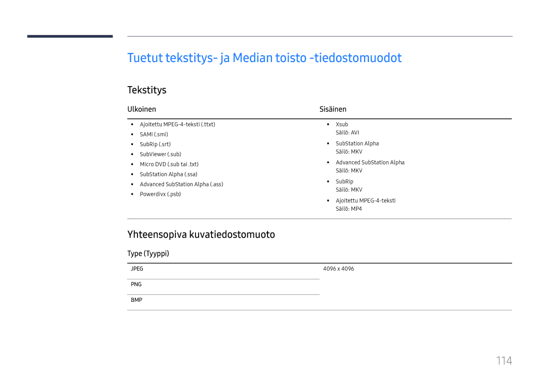 Samsung LH49RMHELGW/EN Tuetut tekstitys- ja Median toisto -tiedostomuodot, 114, Yhteensopiva kuvatiedostomuoto, Ulkoinen 