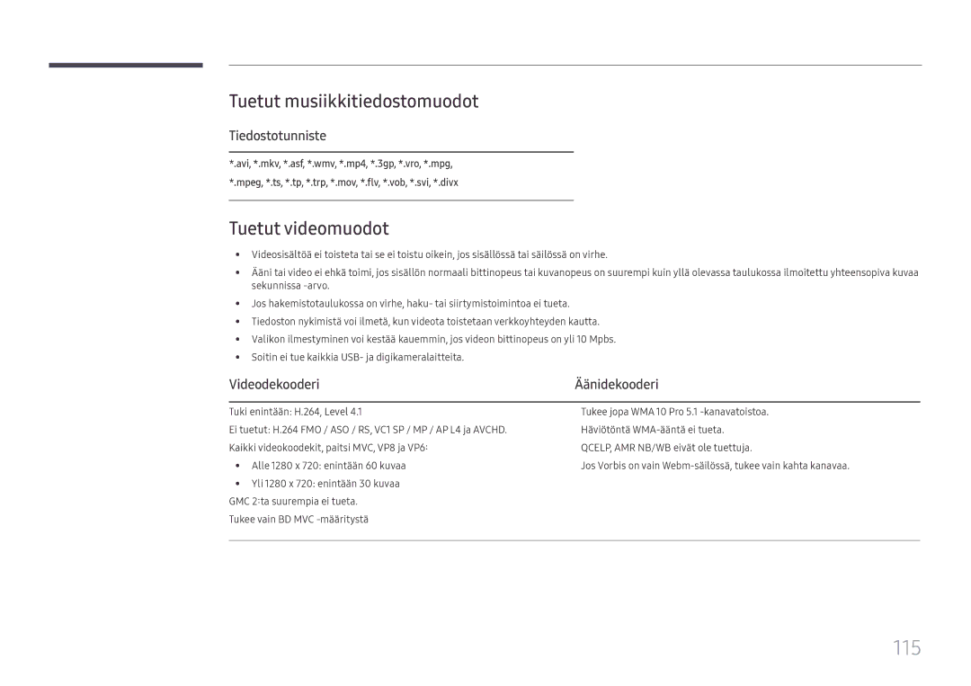 Samsung LH49RMHELGW/EN manual 115, Tuetut musiikkitiedostomuodot, Tuetut videomuodot, Tiedostotunniste, Videodekooderi 