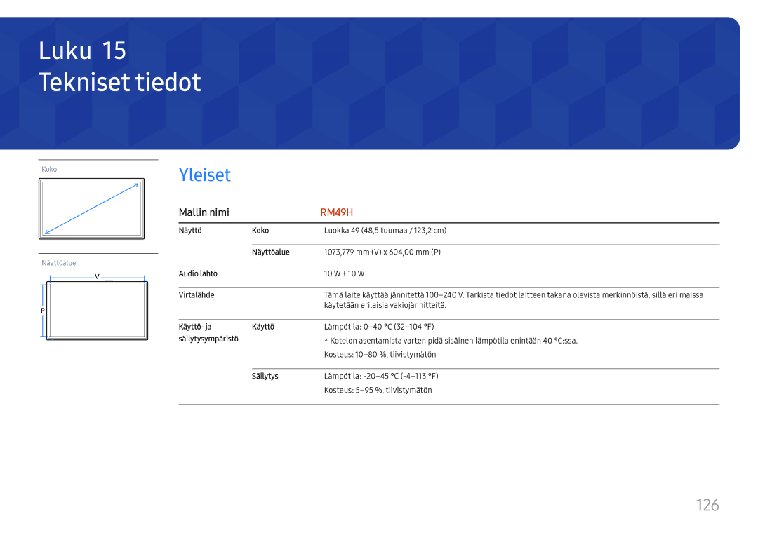 Samsung LH49RMHELGW/EN manual Tekniset tiedot, 126, Mallin nimi 