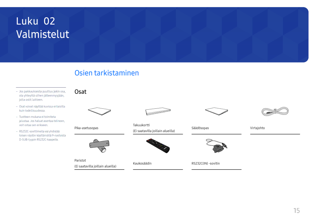 Samsung LH49RMHELGW/EN manual Valmistelut, Osien tarkistaminen, Osat 