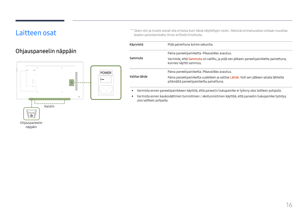 Samsung LH49RMHELGW/EN manual Laitteen osat, Ohjauspaneelin näppäin, Käynnistä, Sammuta, Valitse lähde 