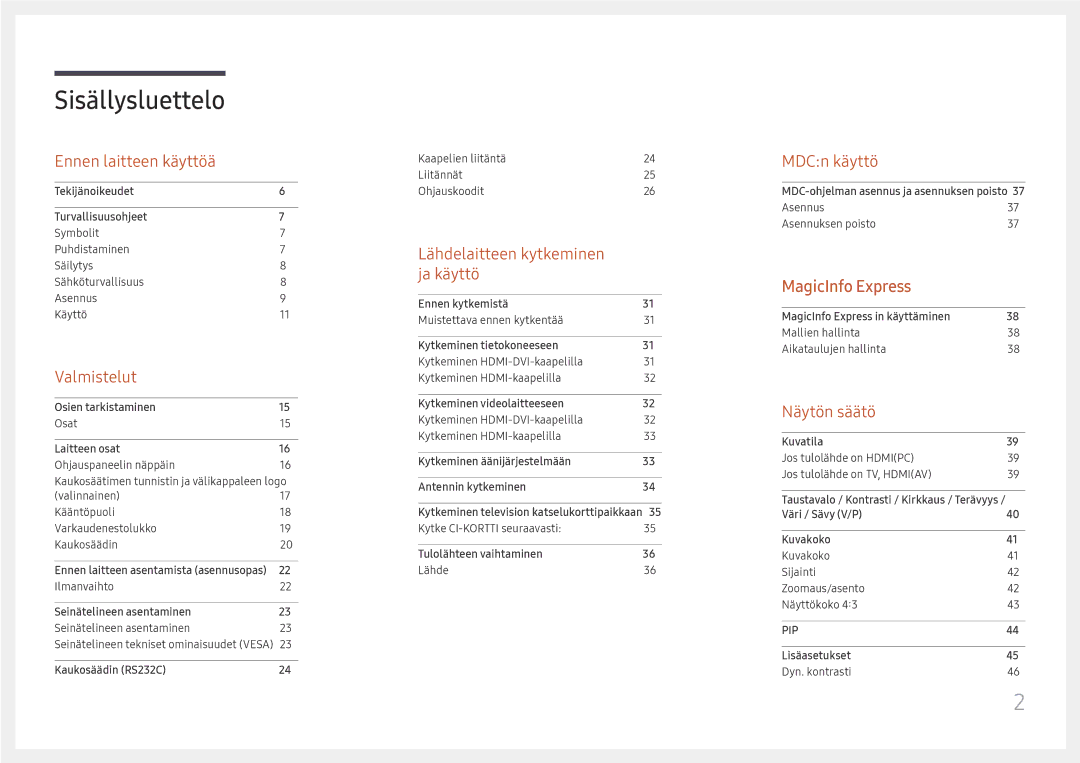 Samsung LH49RMHELGW/EN manual Sisällysluettelo 