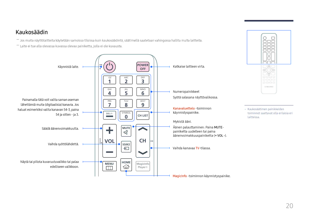 Samsung LH49RMHELGW/EN manual Kaukosäädin, Kanavaluettelo -toiminnon 