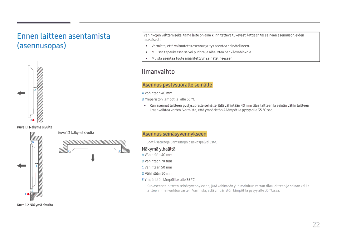 Samsung LH49RMHELGW/EN manual Ilmanvaihto, Asennus pystysuoralle seinälle, Asennus seinäsyvennykseen, Näkymä ylhäältä 