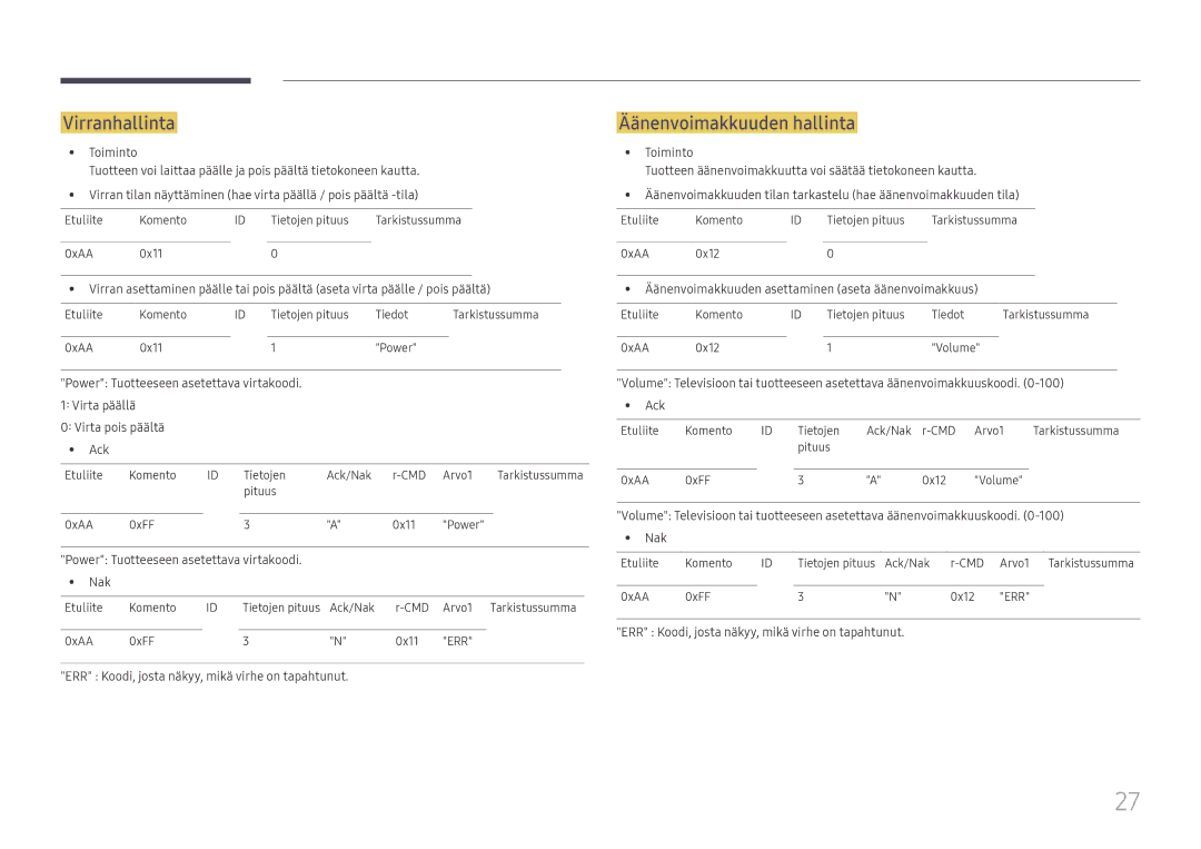 Samsung LH49RMHELGW/EN manual Virranhallinta, Äänenvoimakkuuden hallinta 