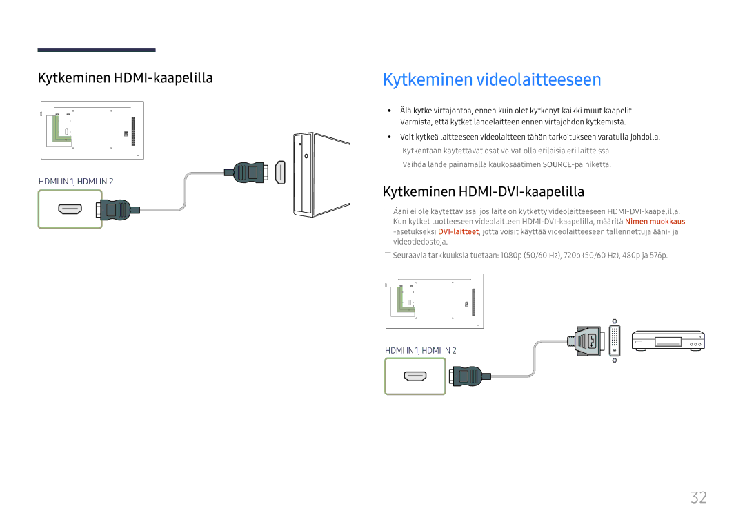 Samsung LH49RMHELGW/EN manual Kytkeminen videolaitteeseen, Kytkeminen HDMI-kaapelilla 