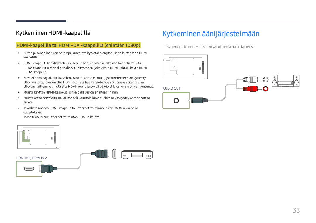 Samsung LH49RMHELGW/EN manual Kytkeminen äänijärjestelmään, HDMI-kaapelilla tai HDMI-DVI-kaapelilla enintään 1080p 