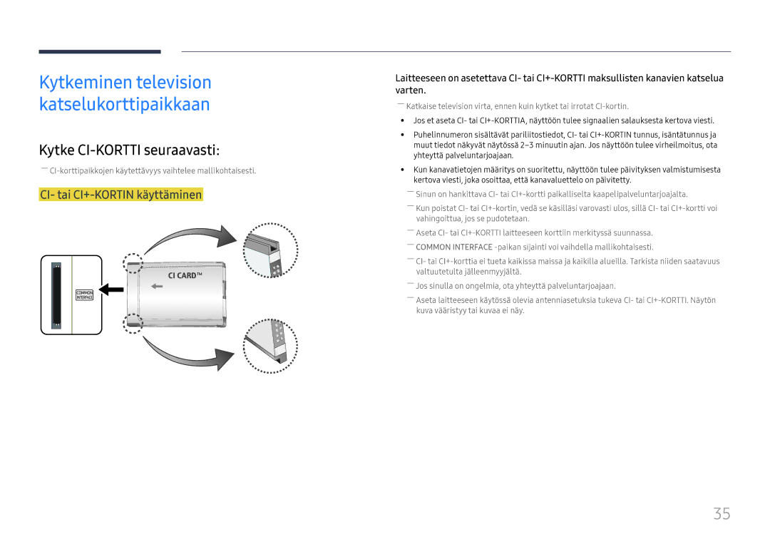 Samsung LH49RMHELGW/EN manual Kytke CI-KORTTI seuraavasti, CI- tai CI+-KORTIN käyttäminen 