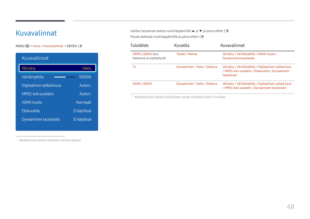 Samsung LH49RMHELGW/EN Tulolähde Kuvatila Kuvavalinnat, Dynaaminen taustavalo, Menu m → Kuva → Kuvavalinnat → Enter E 