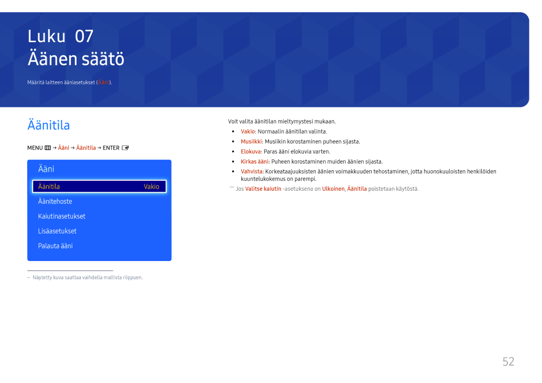 Samsung LH49RMHELGW/EN manual Äänen säätö, Äänitila, Äänitehoste Kaiutinasetukset Lisäasetukset Palauta ääni 