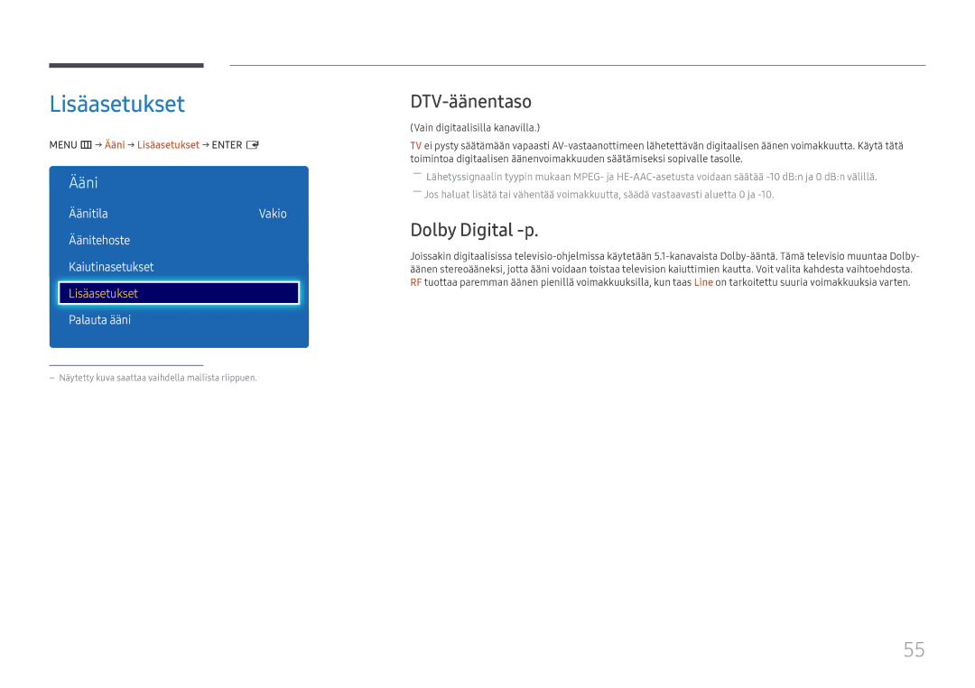 Samsung LH49RMHELGW/EN manual DTV-äänentaso, Dolby Digital -p, ÄänitilaVakio Äänitehoste Kaiutinasetukset 