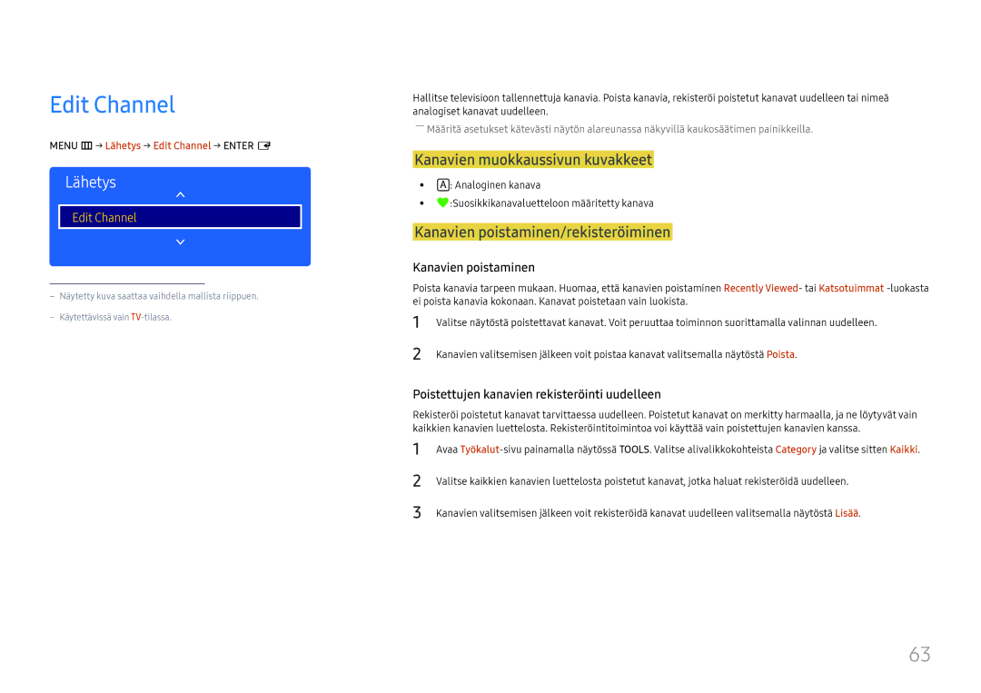 Samsung LH49RMHELGW/EN manual Edit Channel, Kanavien muokkaussivun kuvakkeet, Kanavien poistaminen/rekisteröiminen 