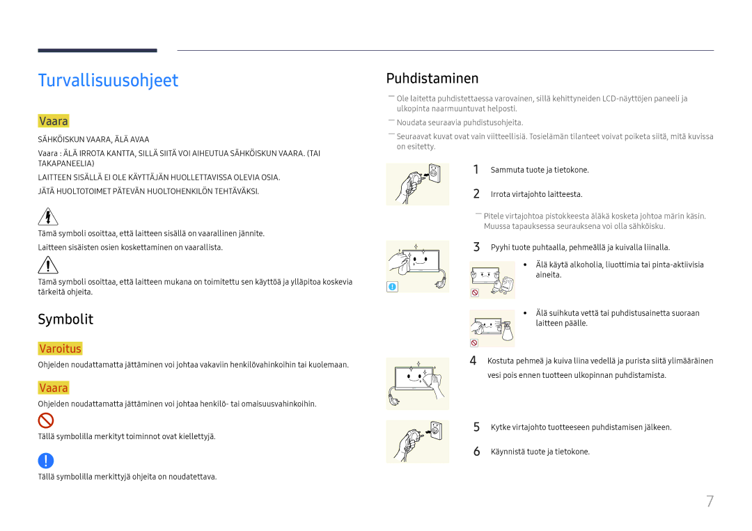 Samsung LH49RMHELGW/EN manual Turvallisuusohjeet, Symbolit, Puhdistaminen, Vaara 