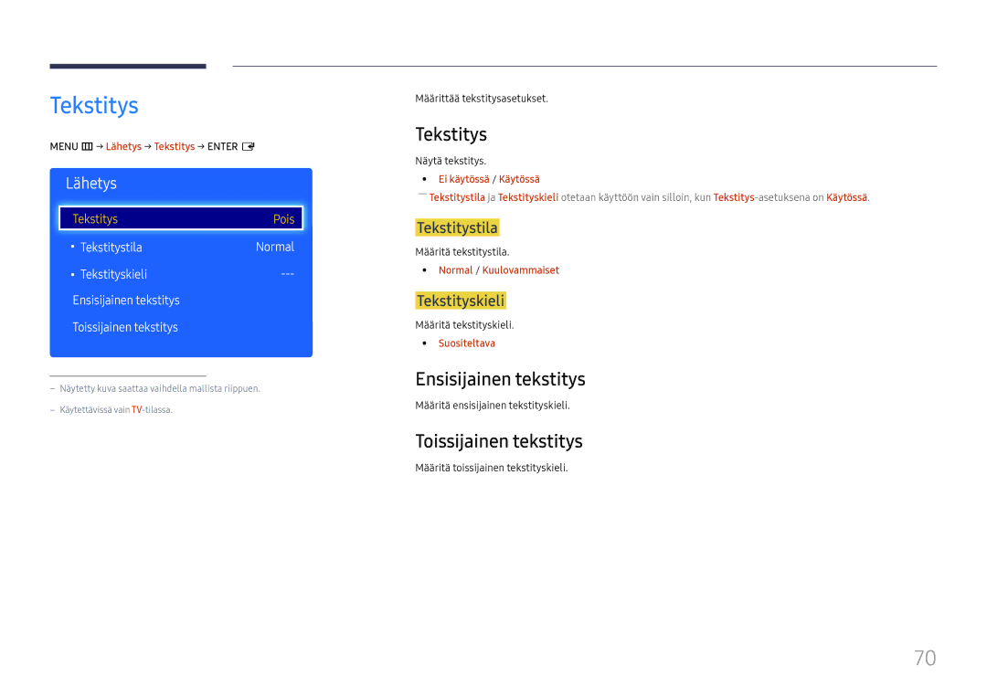 Samsung LH49RMHELGW/EN manual Tekstitys, Ensisijainen tekstitys, Toissijainen tekstitys 