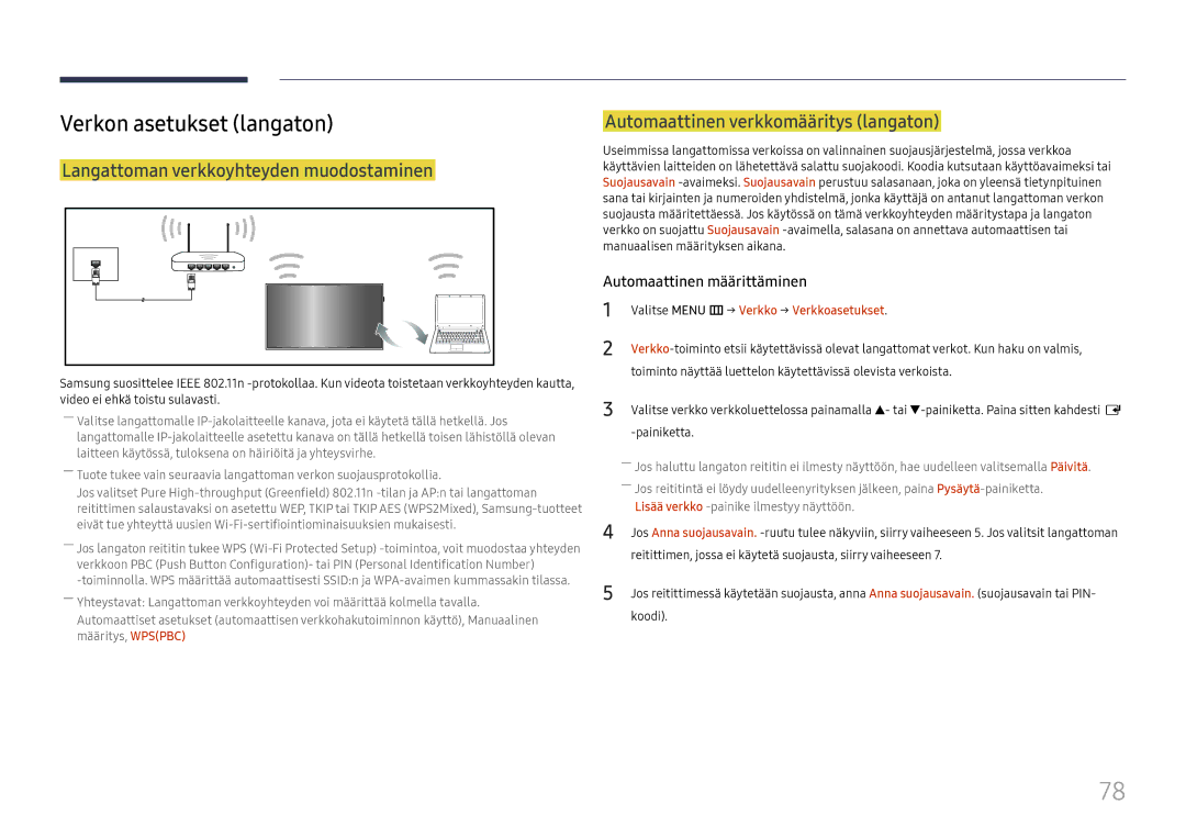 Samsung LH49RMHELGW/EN manual Verkon asetukset langaton, Langattoman verkkoyhteyden muodostaminen 