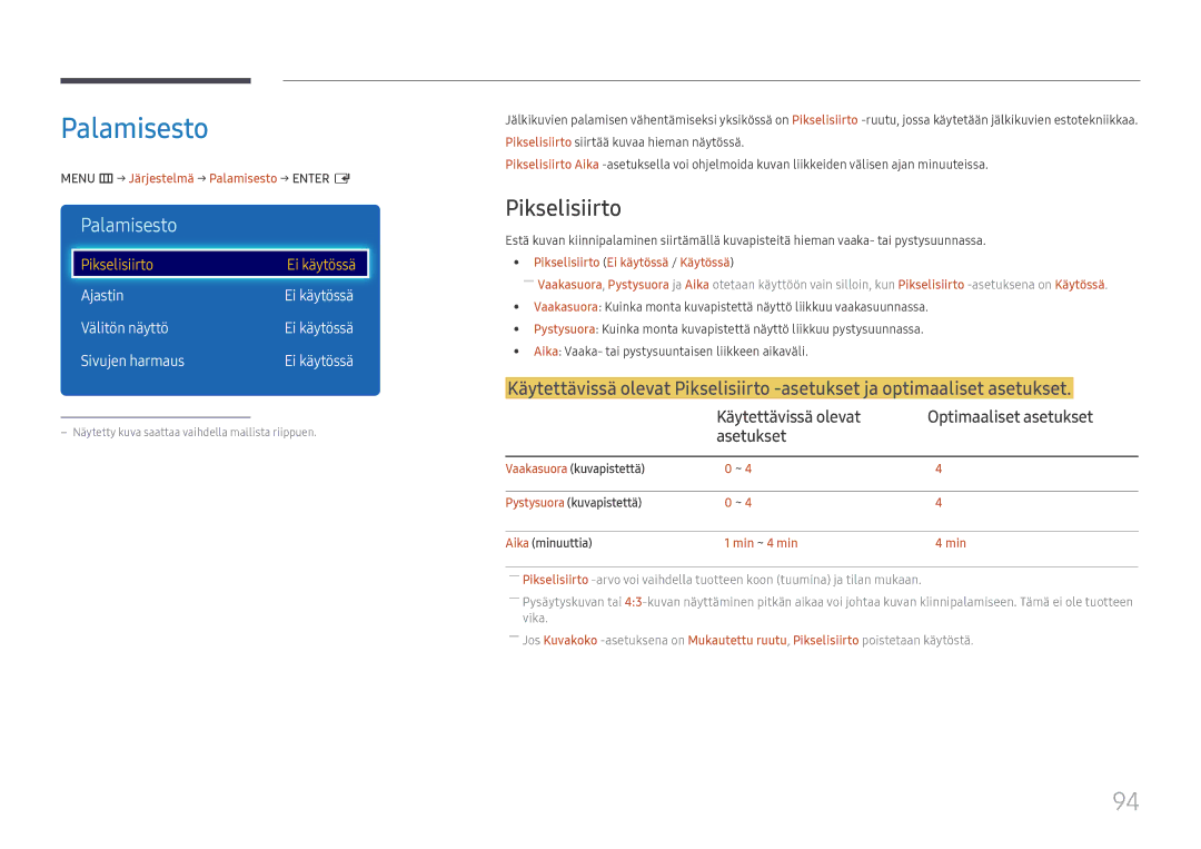 Samsung LH49RMHELGW/EN manual Palamisesto, Pikselisiirto, Käytettävissä olevat Optimaaliset asetukset Asetukset 