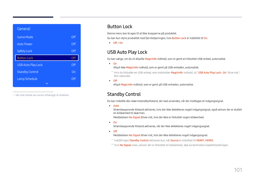 Samsung LH49RMHELGW/EN manual 101, Button Lock, USB Auto Play Lock, Standby Control, Game Mode 