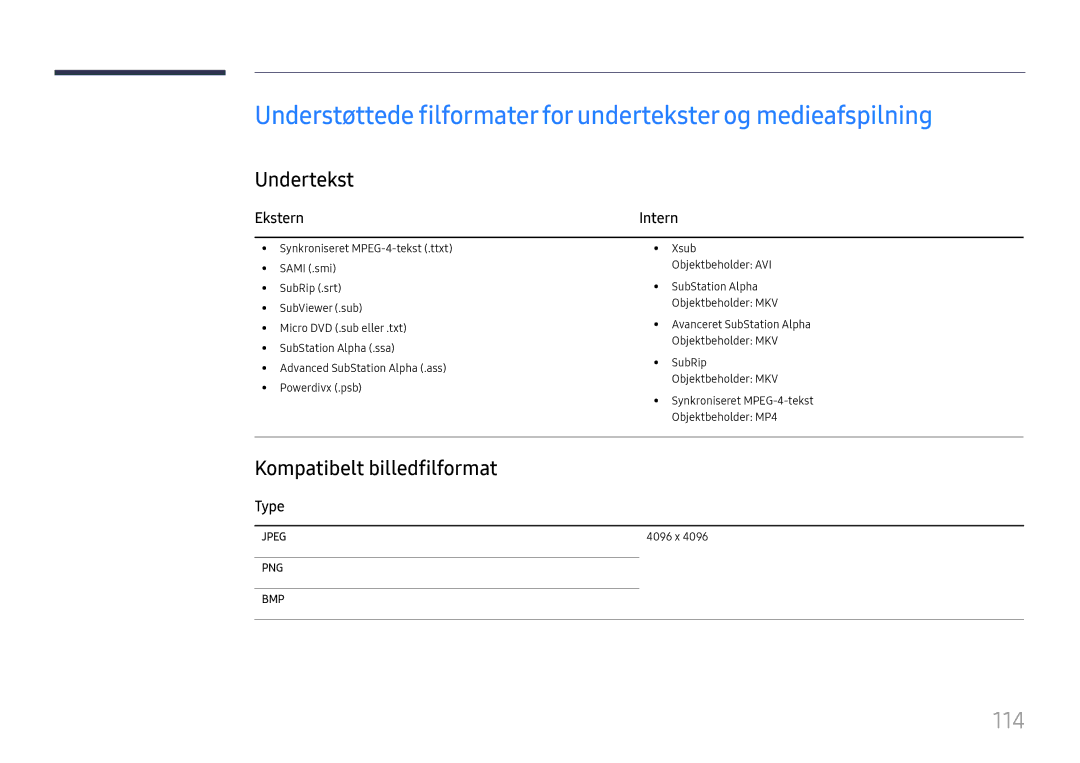 Samsung LH49RMHELGW/EN manual 114, Undertekst, Kompatibelt billedfilformat, Ekstern, Type 